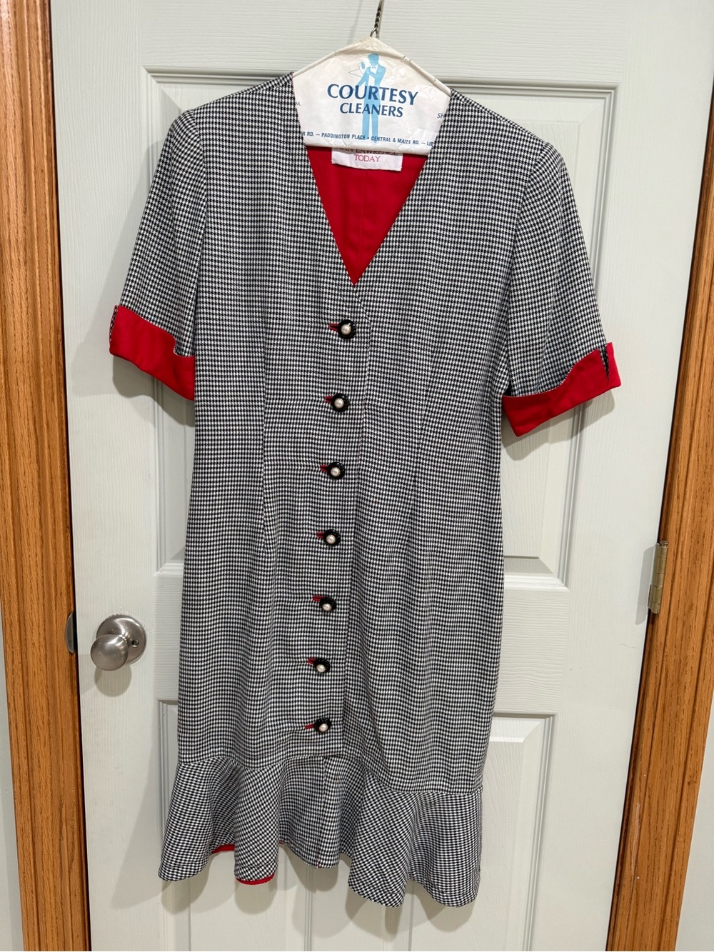 Red-Trim Houndstooth Midi Dress
